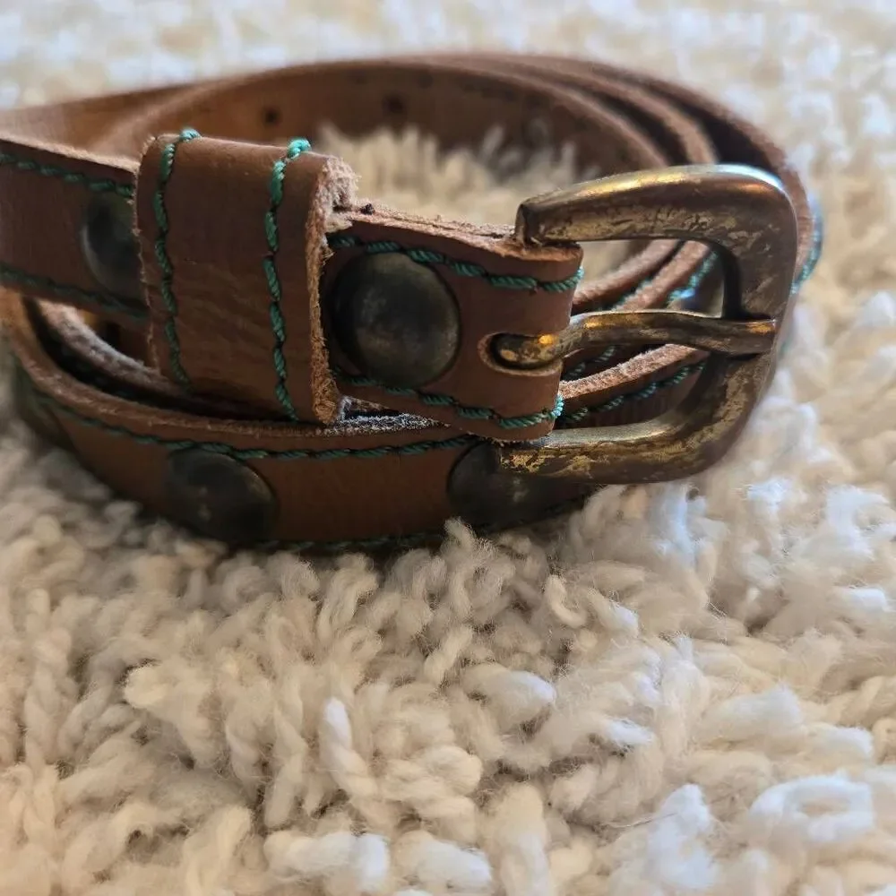 Vintage Leather Skinny Belt Big Rivets Brown Large